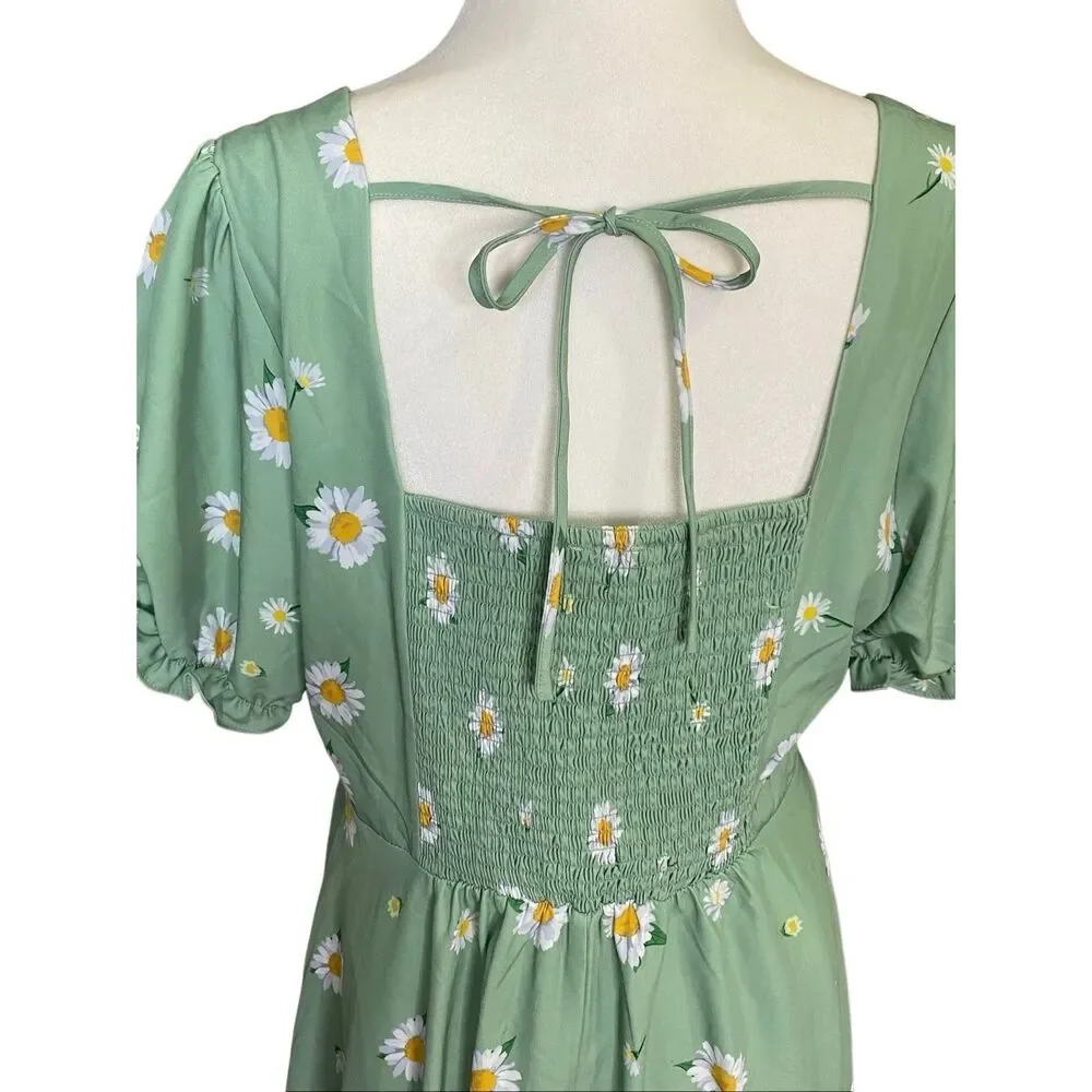 Belle Poque A Line Fit & Flare Green Daisy Midi Dress Womens XL Pockets Smocked - Picture 4 of 9